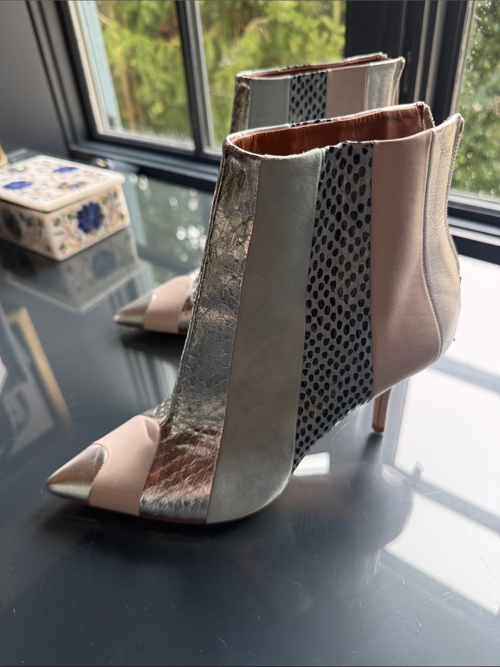 Malone Souliers Pink and Silver Mixed-Panel Pointed Ankle Boots